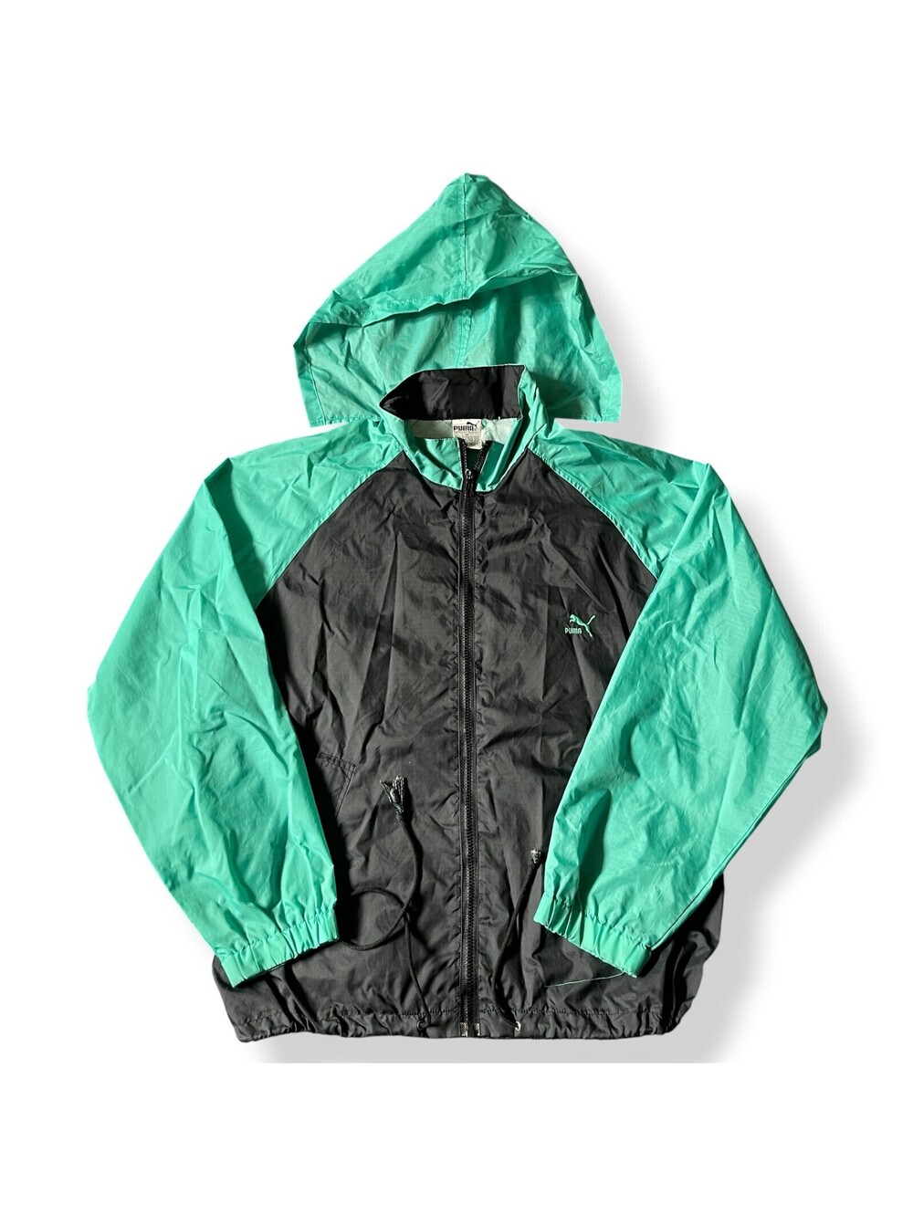 Vintage 90s Puma Windbreaker Jacket Mens Medium Black Teal Full Zip Colorblock